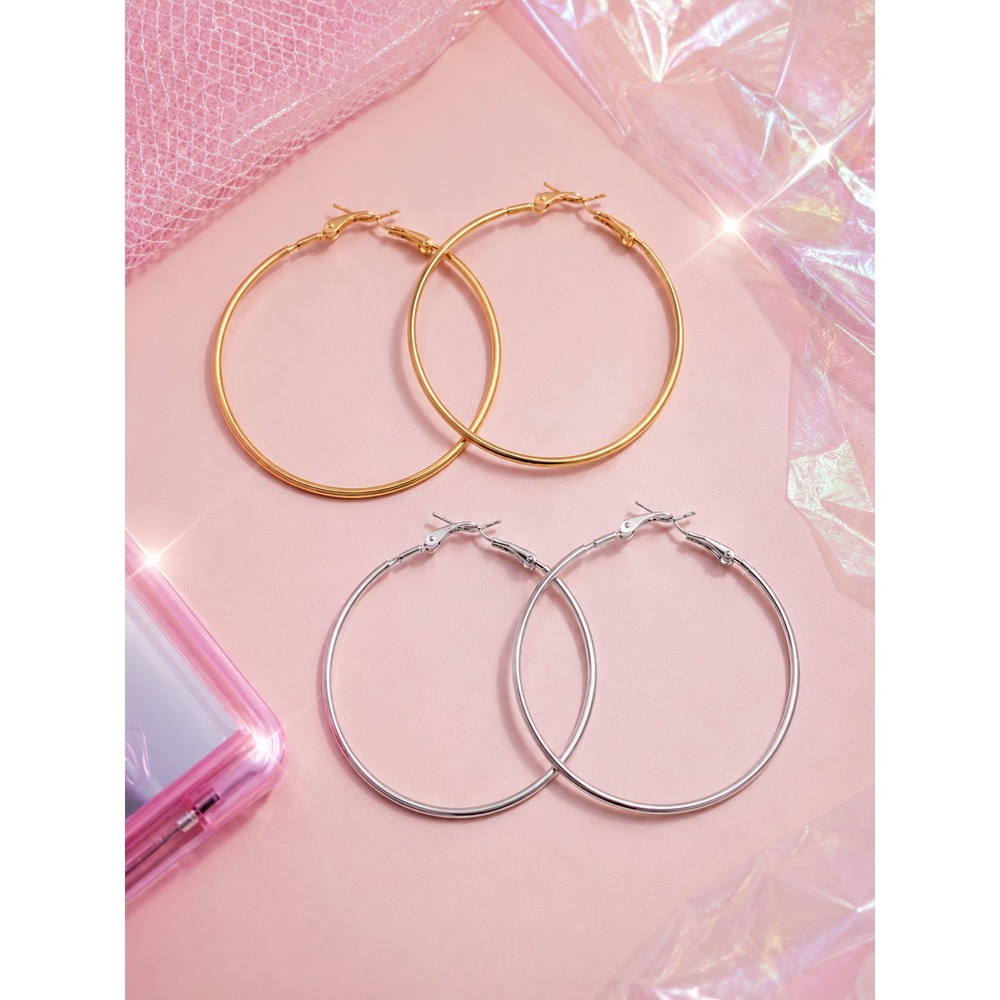 2 Pair Set Gold and Silver Tone 2 Inch Classic Thin Hoop Earrings